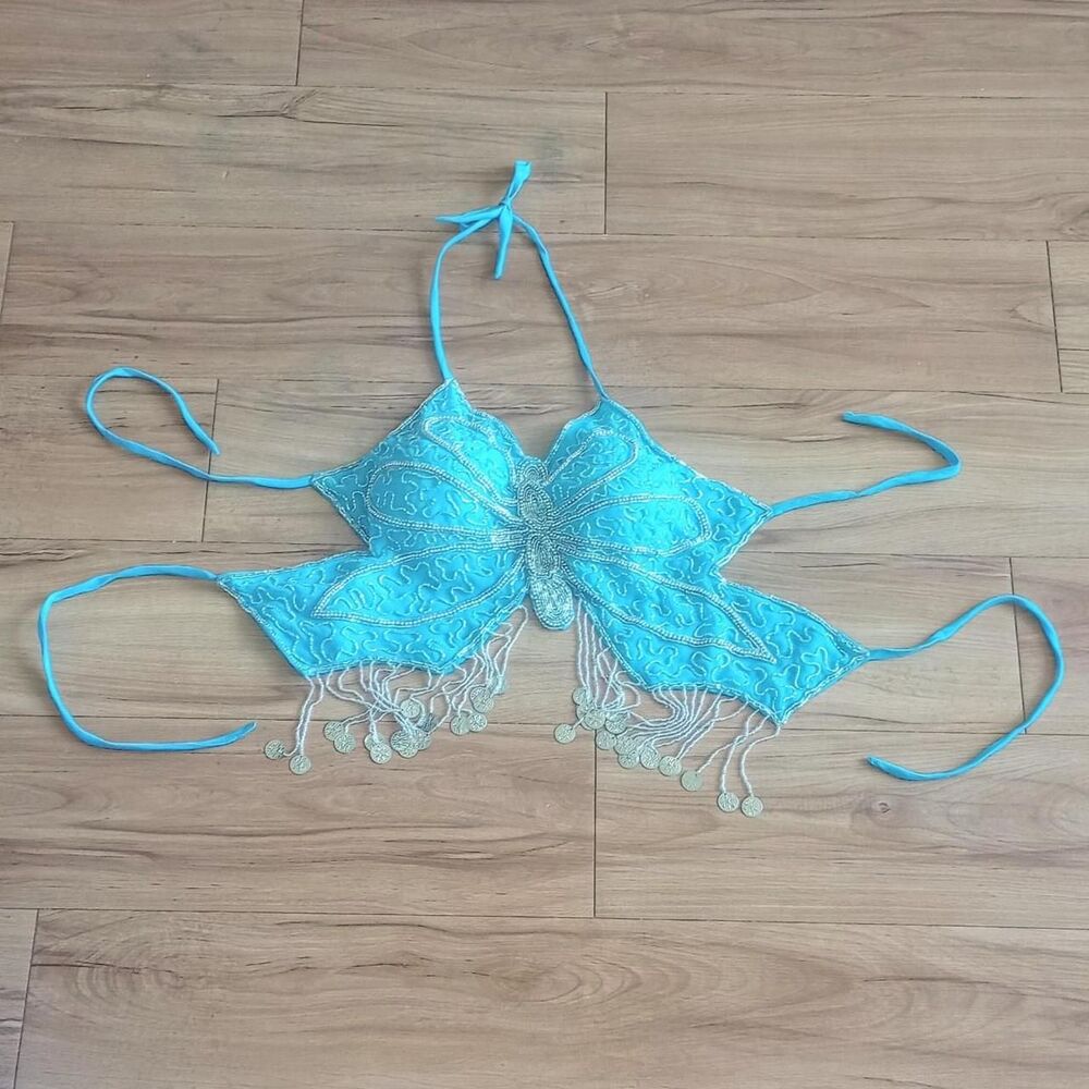Y2K Blue Beaded Sequin Butterfly Fairy Top